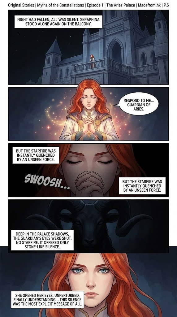 Myths of the Constellations Episode 1 The Aries Palace Page 5 comic strip showing Seraphina praying on balcony and the silent Aries Guardian spirit.
