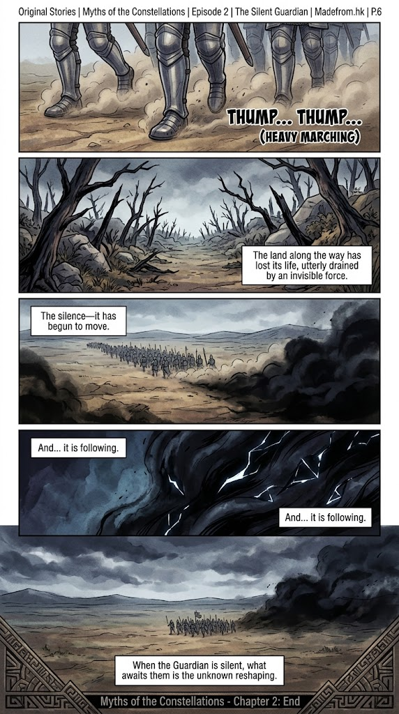 Myths of the Constellations Episode 2 The Silent Guardian Page 6 comic strip illustrating marching troops on dead land followed by dark mist with glowing Obsidian Shards.