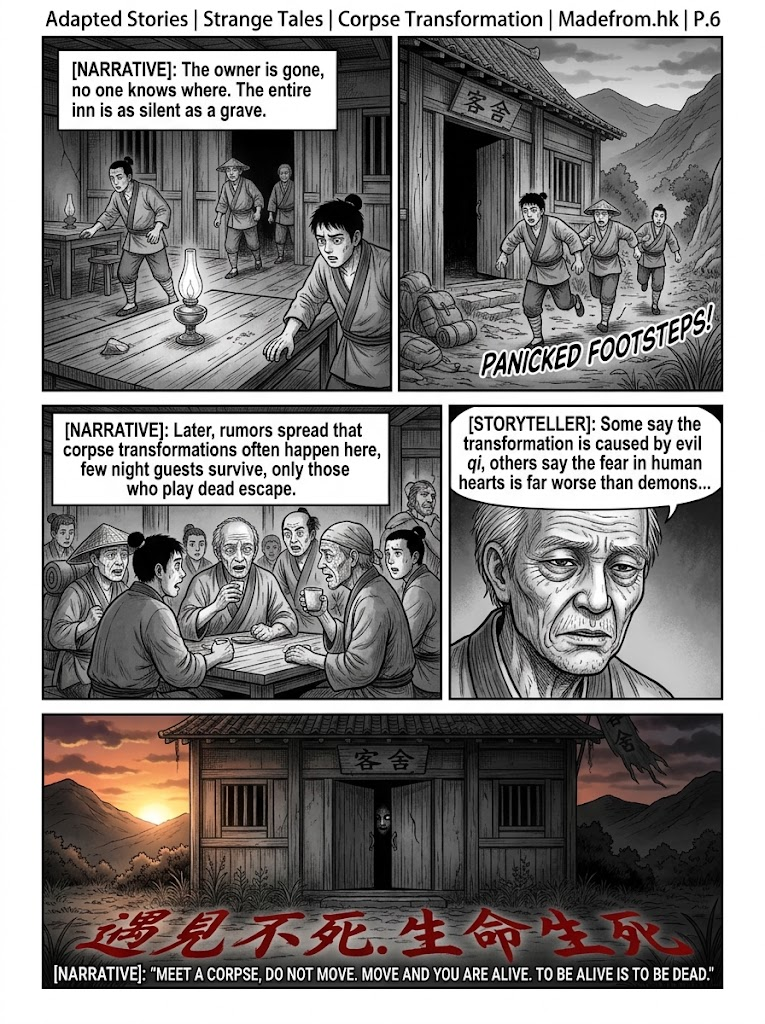A 5-panel comic page showing the travelers fleeing the deserted inn, a storyteller recounting the legend in a teahouse, and a final shot of the inn at sunset with an eye lurking in the doorway.