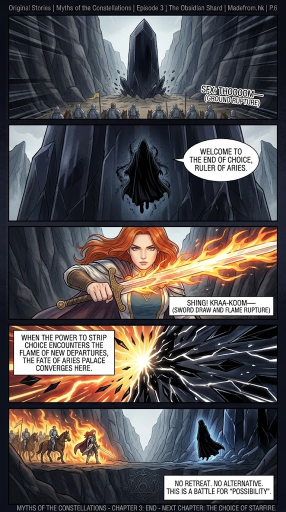 Myths of the Constellations Episode 3 P.6: Seraphina and the Aries army confront the Shadow Figure before a massive Obsidian barrier as golden-red starlight clashes with dark geometric energy.