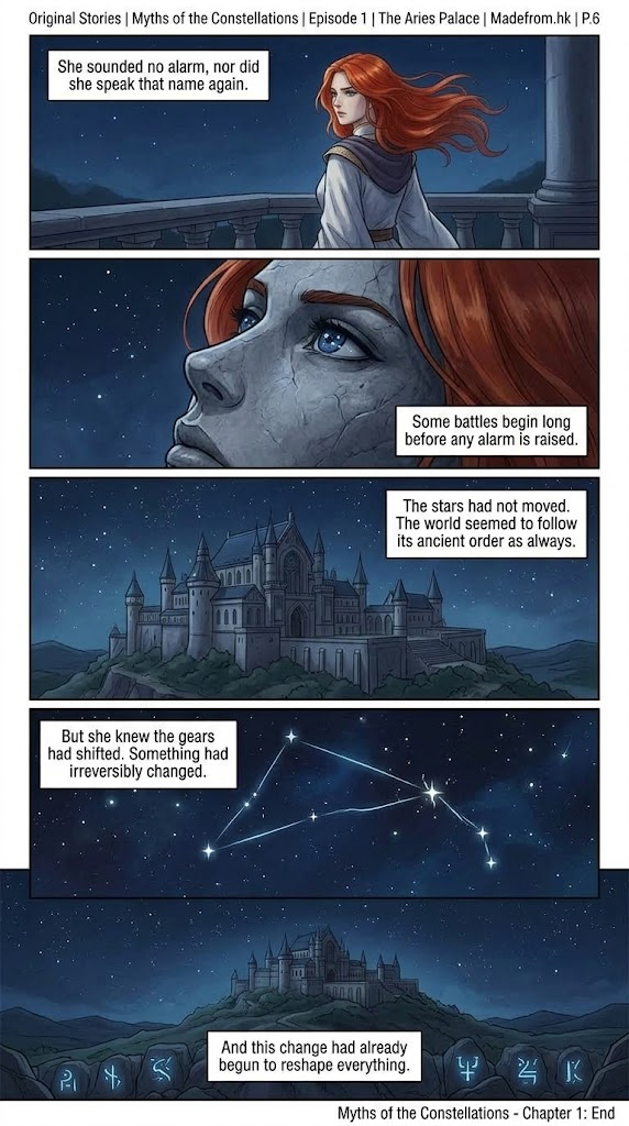 Myths of the Constellations Episode 1 The Aries Palace Page 6 comic strip showing Lady Seraphina looking up at the sky as the Aries constellation shifts.