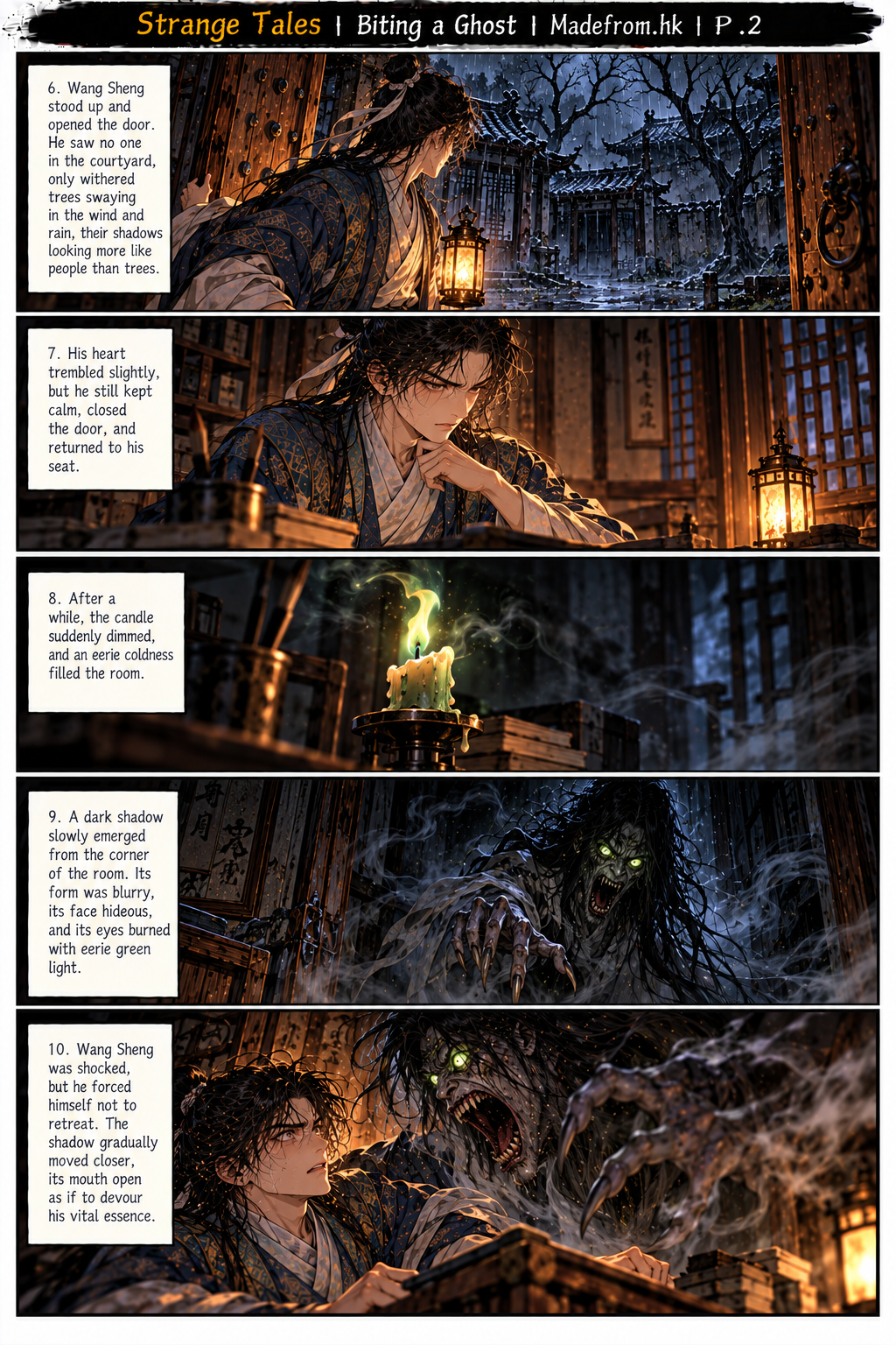 Strange Tales: Biting a Ghost — a sinister ghost emerges from the shadows and approaches Wang Sheng inside the haunted house | Page 2