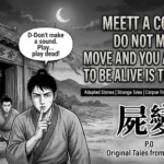 A black-and-white manga cover for Corpse Transformation from Liaozhai featuring a terrified traveler whispering "Play dead!" while a creepy silhouette lurks in the dark doorway of a desolate inn.