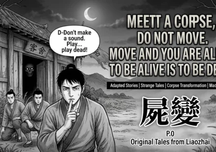 A black-and-white manga cover for Corpse Transformation from Liaozhai featuring a terrified traveler whispering "Play dead!" while a creepy silhouette lurks in the dark doorway of a desolate inn.