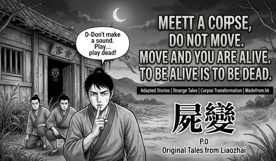 A black-and-white manga cover for Corpse Transformation from Liaozhai featuring a terrified traveler whispering "Play dead!" while a creepy silhouette lurks in the dark doorway of a desolate inn.