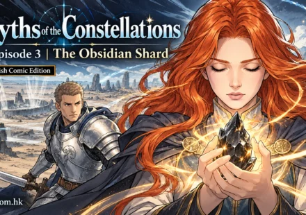 Myths of the Constellations Episode 3: The Obsidian Shard — English Comic Edition, featuring Seraphina and her army facing a mysterious dark force amid a desolate landscape.