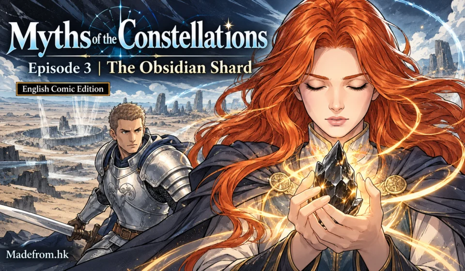 Myths of the Constellations Episode 3: The Obsidian Shard — English Comic Edition, featuring Seraphina and her army facing a mysterious dark force amid a desolate landscape.