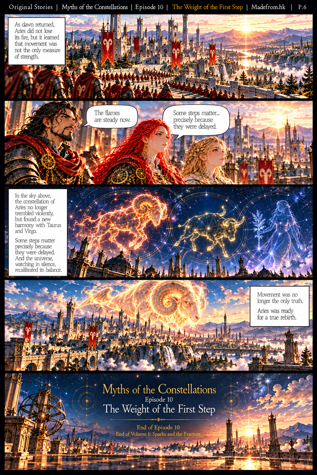 Myths of the Constellations Episode 10: The Weight of the First Step – Page 6. At sunrise, Seraphina, Cael, and Elowen overlook the orderly Aries palace as the great ram guardian watches over the city. The Aries, Taurus, and Virgo constellations settle into a new celestial balance, marking the end of Volume 1: Sparks and the Fracture. Madefrom.hk.