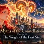 Myths of the Constellations Episode 10: The Weight of the First Step – Cover. Seraphina, the fiery Aries guardian, stands beneath a cosmic sky as the celestial ram and glowing constellations symbolize patience, responsibility, and a new balance in the universe. Madefrom.hk.