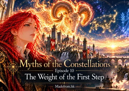 Myths of the Constellations Episode 10: The Weight of the First Step – Cover. Seraphina, the fiery Aries guardian, stands beneath a cosmic sky as the celestial ram and glowing constellations symbolize patience, responsibility, and a new balance in the universe. Madefrom.hk.