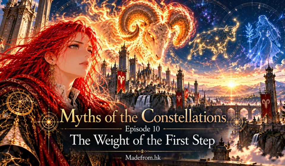 Myths of the Constellations Episode 10: The Weight of the First Step – Cover. Seraphina, the fiery Aries guardian, stands beneath a cosmic sky as the celestial ram and glowing constellations symbolize patience, responsibility, and a new balance in the universe. Madefrom.hk.
