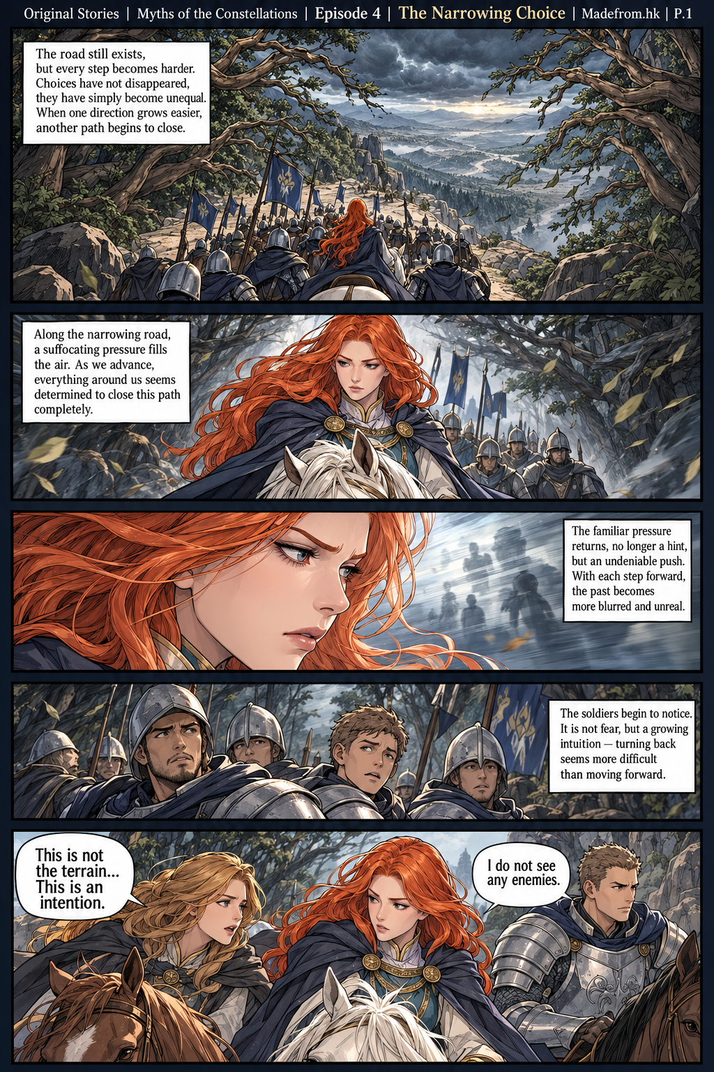 Myths of the Constellations Episode 4 P.1: Seraphina leads her army along a narrowing road as the trees bend inward, soldiers hesitate, and the surrounding landscape seems to make retreat increasingly difficult.