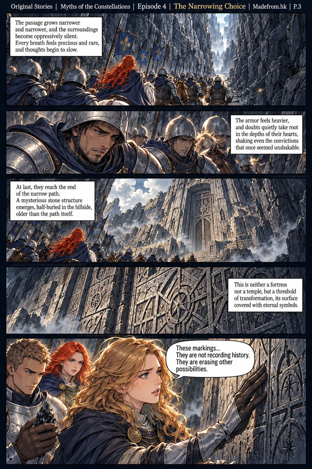 Myths of the Constellations Episode 4 P.3: The army enters a narrow stone passage and discovers an ancient structure covered with precise geometric symbols as Elowen realizes the markings erase other possibilities.