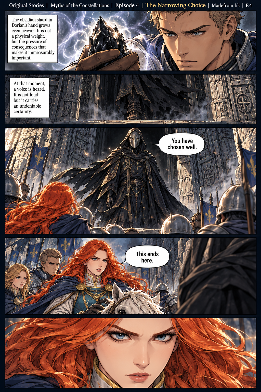 Myths of the Constellations Episode 4 P.4: A mysterious masked figure emerges from the shadows of an ancient stone structure and confronts Seraphina, who faces him without fear.
