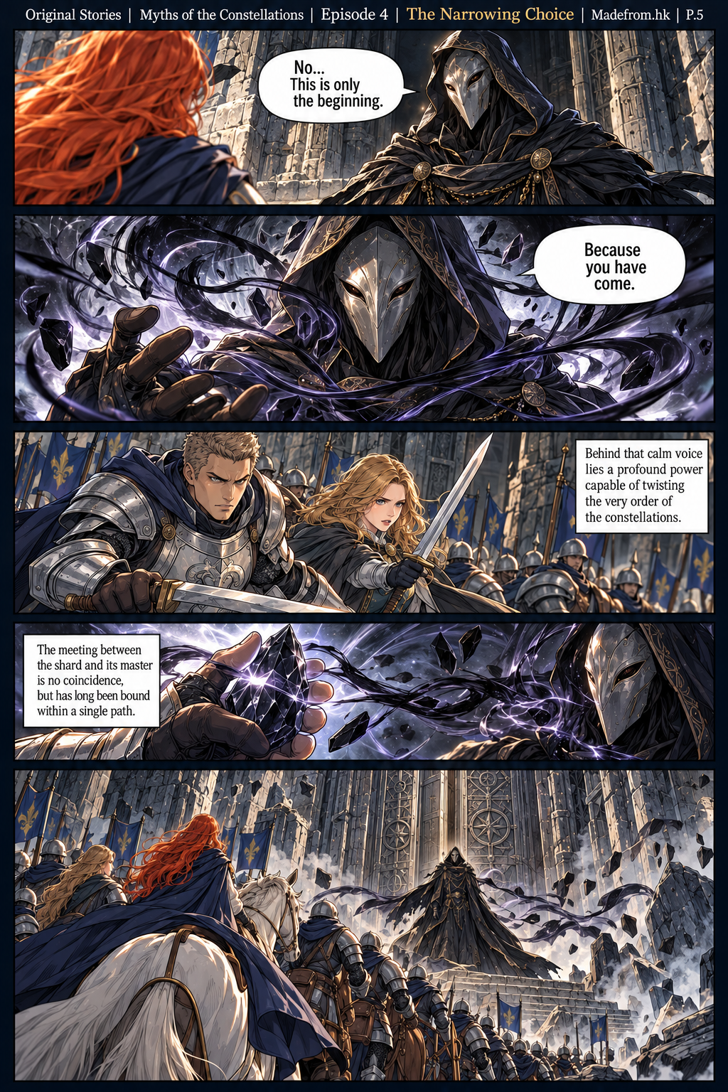 Myths of the Constellations Episode 4 P.5: The masked figure unleashes dark geometric energy as the Obsidian Shard resonates with him, while Seraphina, Elowen, Kyle, Dorian, and the Aries army prepare for confrontation.