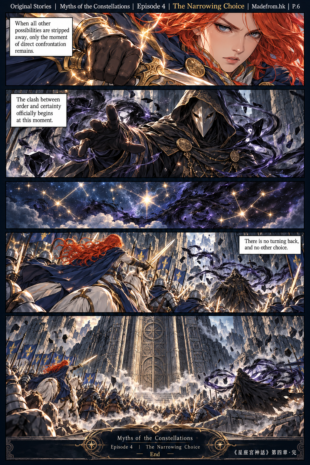 Myths of the Constellations Episode 4 P.6: Seraphina and the Aries army confront the masked figure before an ancient stone gate as golden starlight and dark mist mark the beginning of their decisive clash.