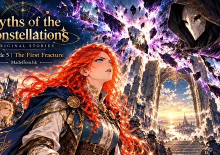 Myths of the Constellations | Episode 5: The First Fracture | English Comic Edition — Seraphina and the Aries army face the masked Veil-Weaver as the Obsidian Shard breaks apart beneath a cosmic sky.