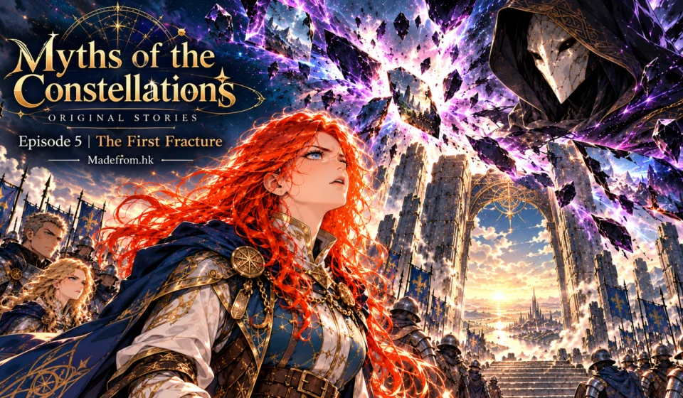 Myths of the Constellations | Episode 5: The First Fracture | English Comic Edition — Seraphina and the Aries army face the masked Veil-Weaver as the Obsidian Shard breaks apart beneath a cosmic sky.