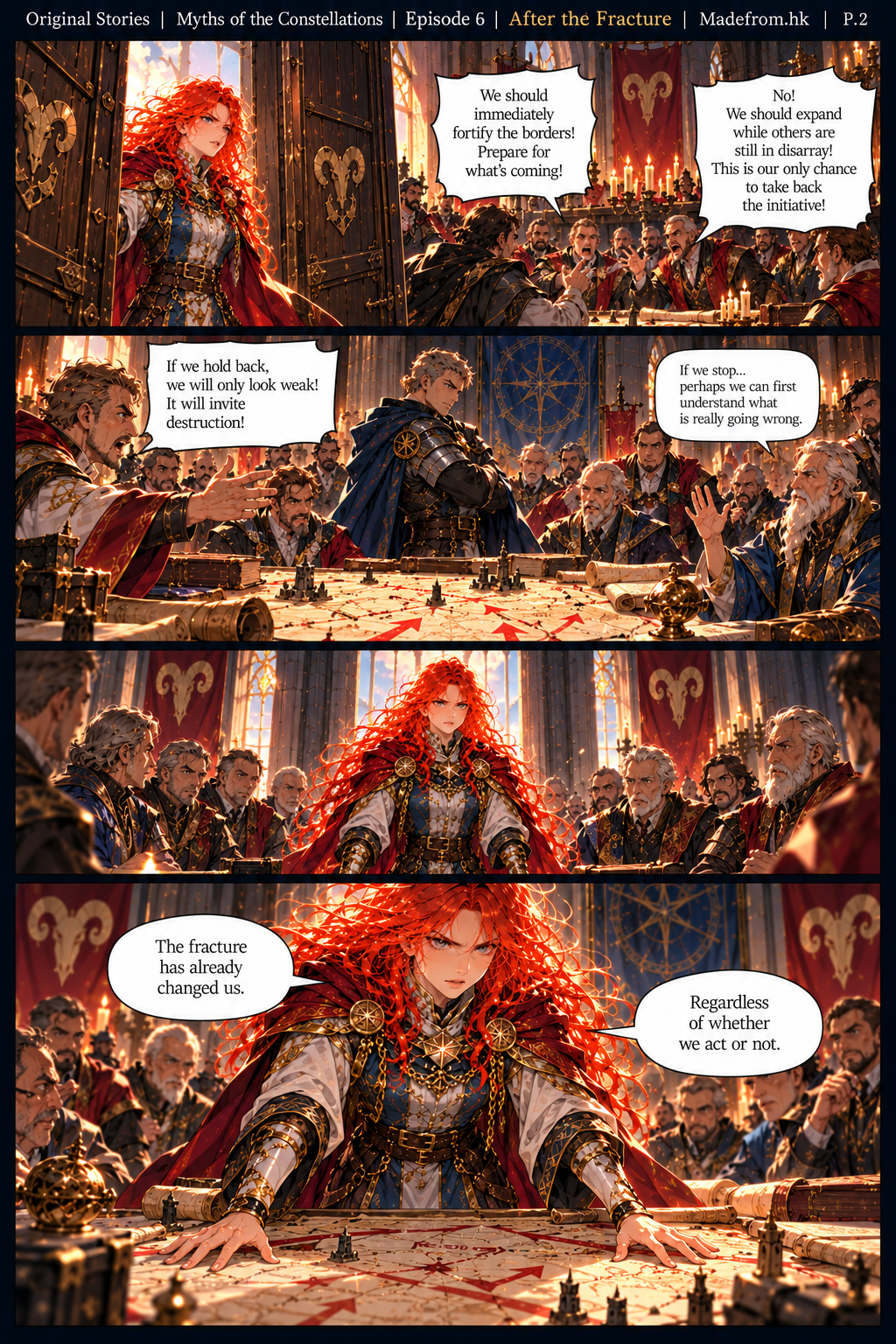 Myths of the Constellations Episode 6 P.2: Seraphina enters a heated war council where leaders debate whether to strengthen the borders or expand outward, before she declares that the fracture has already changed them.
