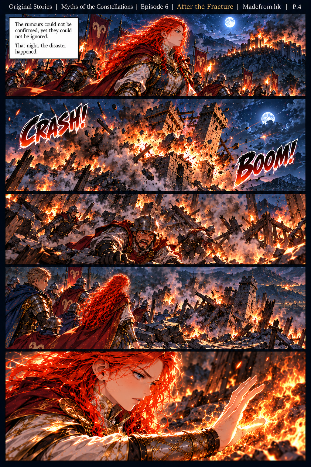 Myths of the Constellations Episode 6 P.4: Seraphina and her soldiers arrive at a northern watchtower after it collapses in flames, where she tries to calm the restless fire among the ruins.