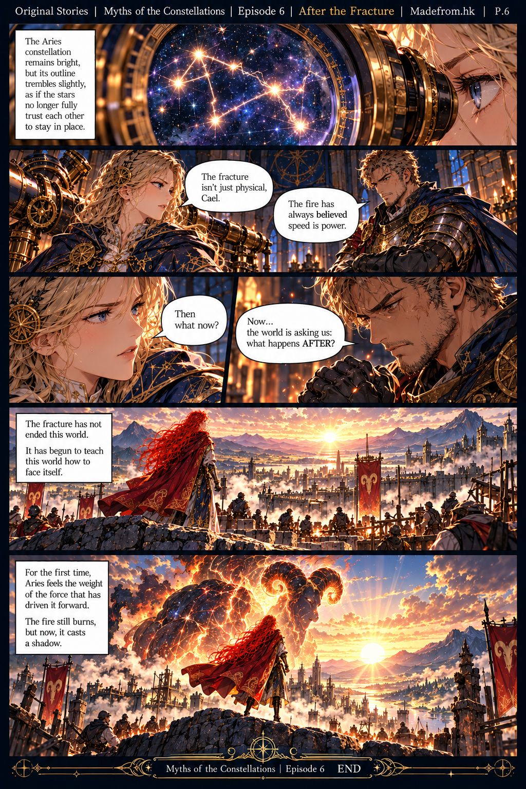Myths of the Constellations Episode 6 P.6: Elowen and Cael study the unstable Aries constellation as Seraphina watches the sunrise, with a giant Aries Guardian casting a shadow over the recovering city.