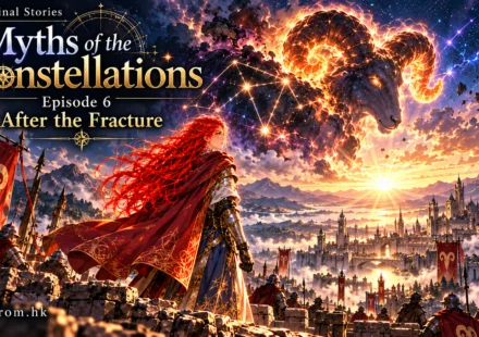 Myths of the Constellations | Episode 6: After the Fracture | English Comic Edition — Seraphina stands before a recovering Aries city as a colossal celestial ram spirit rises above the fractured sky.
