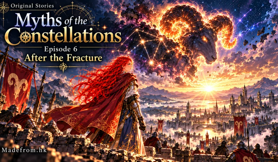 Myths of the Constellations | Episode 6: After the Fracture | English Comic Edition — Seraphina stands before a recovering Aries city as a colossal celestial ram spirit rises above the fractured sky.