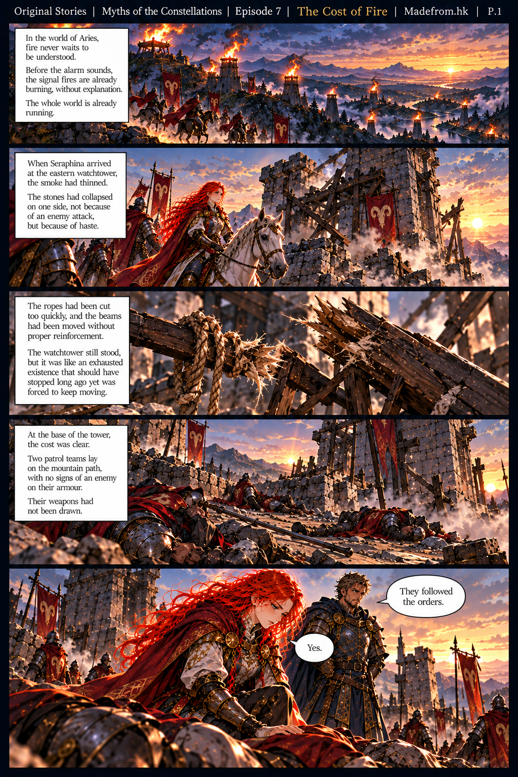 Myths of the Constellations Episode 7 P.1 — Seraphina arrives at a damaged eastern watchtower and discovers fallen soldiers killed by rushed actions rather than an enemy attack.