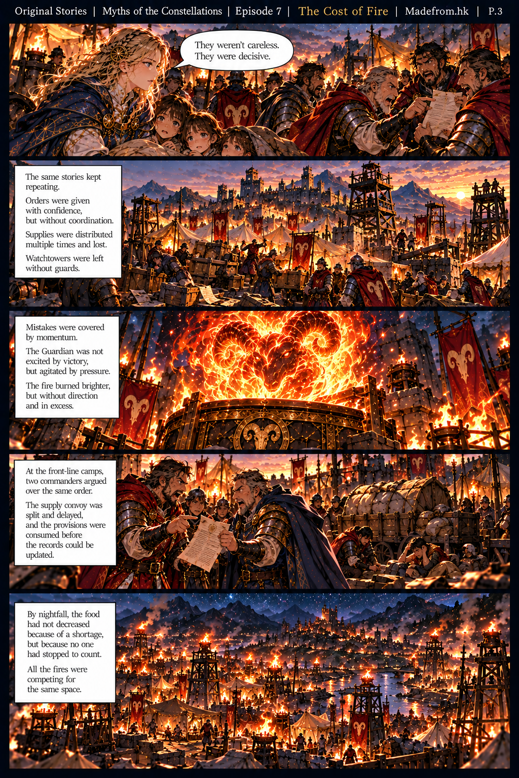 Myths of the Constellations Episode 7 P.3 — Elowen explains that decisive action caused mistakes as chaotic logistics, unstable Guardian fire, conflicting orders, and overcrowded campfires spread across Aries territory.