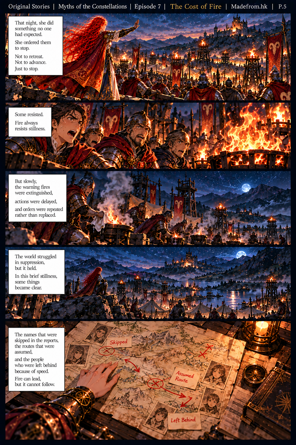 Myths of the Constellations Episode 7 P.5 — Seraphina orders the Aries army to stop as warning fires are extinguished, revealing overlooked names, assumed routes, and people left behind on a tactical map.