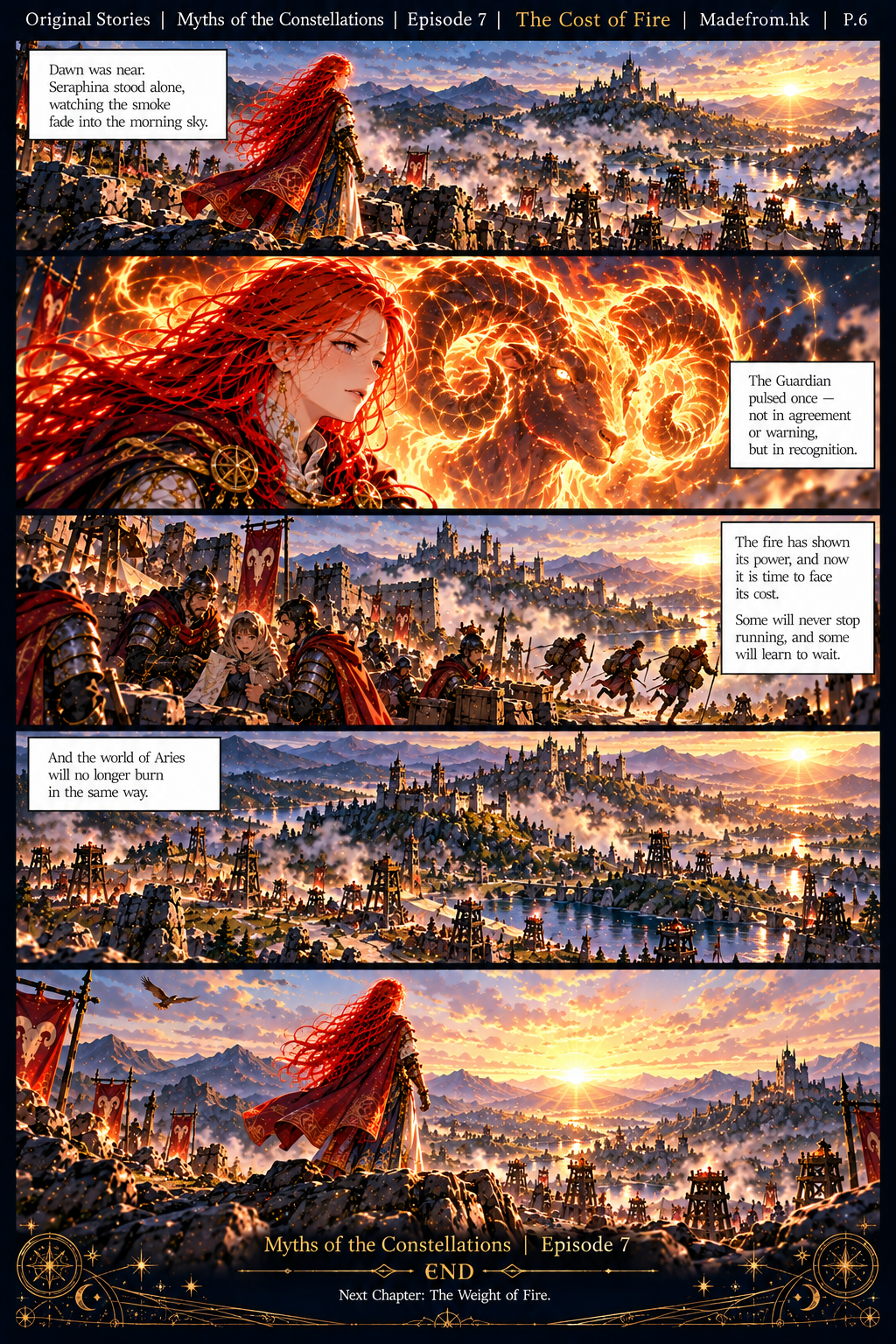 Myths of the Constellations Episode 7 P.6 — Seraphina watches the sunrise as the Aries Guardian acknowledges the cost of fire, while soldiers learn to balance action with patience in a changing world.