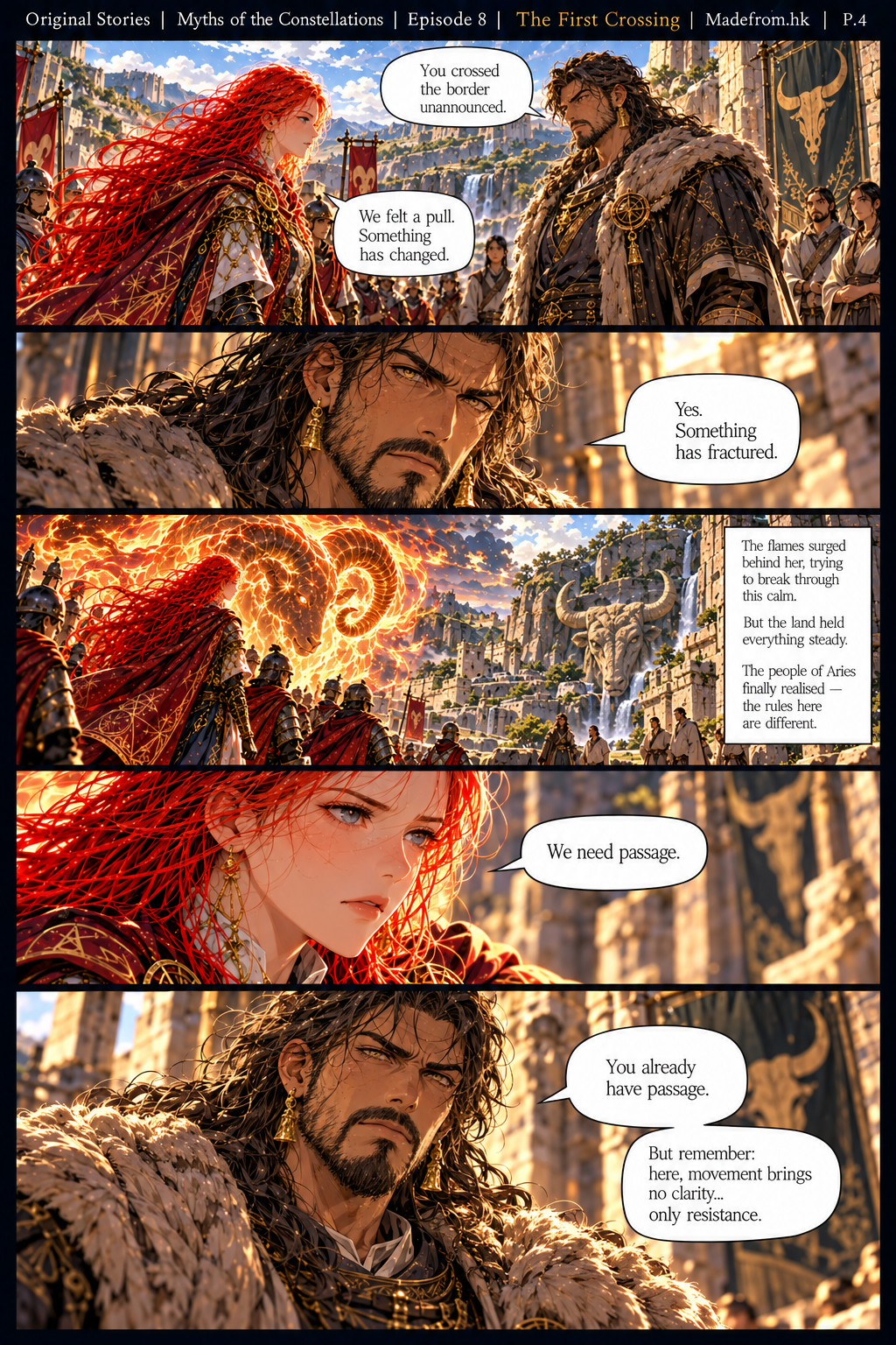 Page 4: Seraphina and Havar discuss the fractured order between their realms. Aries fire surges against the steadfast Taurus land as Havar grants passage but warns that movement brings resistance rather than clarity.