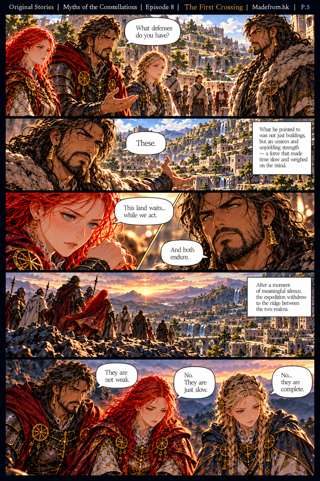 Page 4: Seraphina and Havar discuss the fractured order between their realms. Aries fire surges against the steadfast Taurus land as Havar grants passage but warns that movement brings resistance rather than clarity.

Page 5: Cael questions Taurus’s lack of visible defenses. Havar points to the land itself as its strength, while Seraphina, Cael, and Elowen reflect on the difference between Aries’s action and Taurus’s stability.