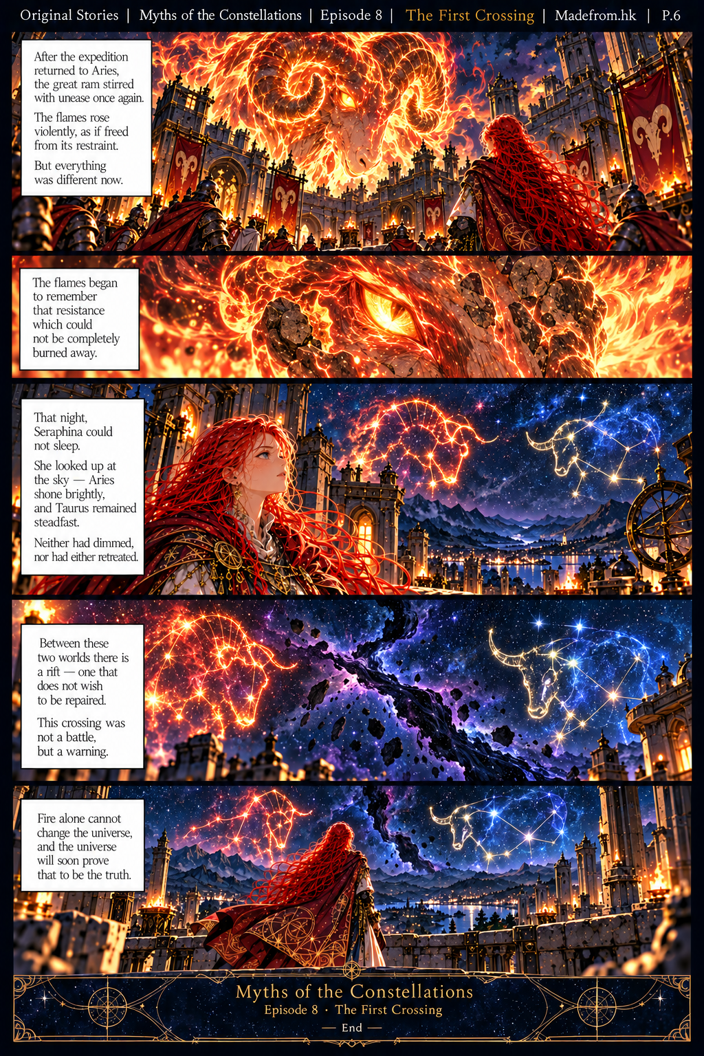 Page 6: Back in Aries, the great ram and its flames grow restless again, but the fire now carries traces of Taurus’s resistance. Seraphina sees Aries and Taurus shining across a dark cosmic rift that refuses to heal, ending the episode with a warning that fire alone cannot change the universe.
