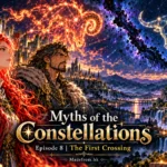 Myths of the Constellations Episode 8: The First Crossing – Seraphina and a Taurus guardian stand before a vast fantasy kingdom beneath the fiery Aries and blue Taurus constellations, divided by a mysterious cosmic rift. Madefrom.hk.