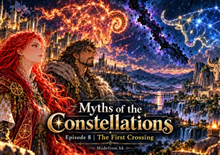 Myths of the Constellations Episode 8: The First Crossing – Seraphina and a Taurus guardian stand before a vast fantasy kingdom beneath the fiery Aries and blue Taurus constellations, divided by a mysterious cosmic rift. Madefrom.hk.