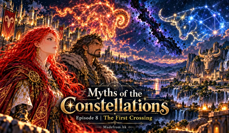 Myths of the Constellations Episode 8: The First Crossing – Seraphina and a Taurus guardian stand before a vast fantasy kingdom beneath the fiery Aries and blue Taurus constellations, divided by a mysterious cosmic rift. Madefrom.hk.