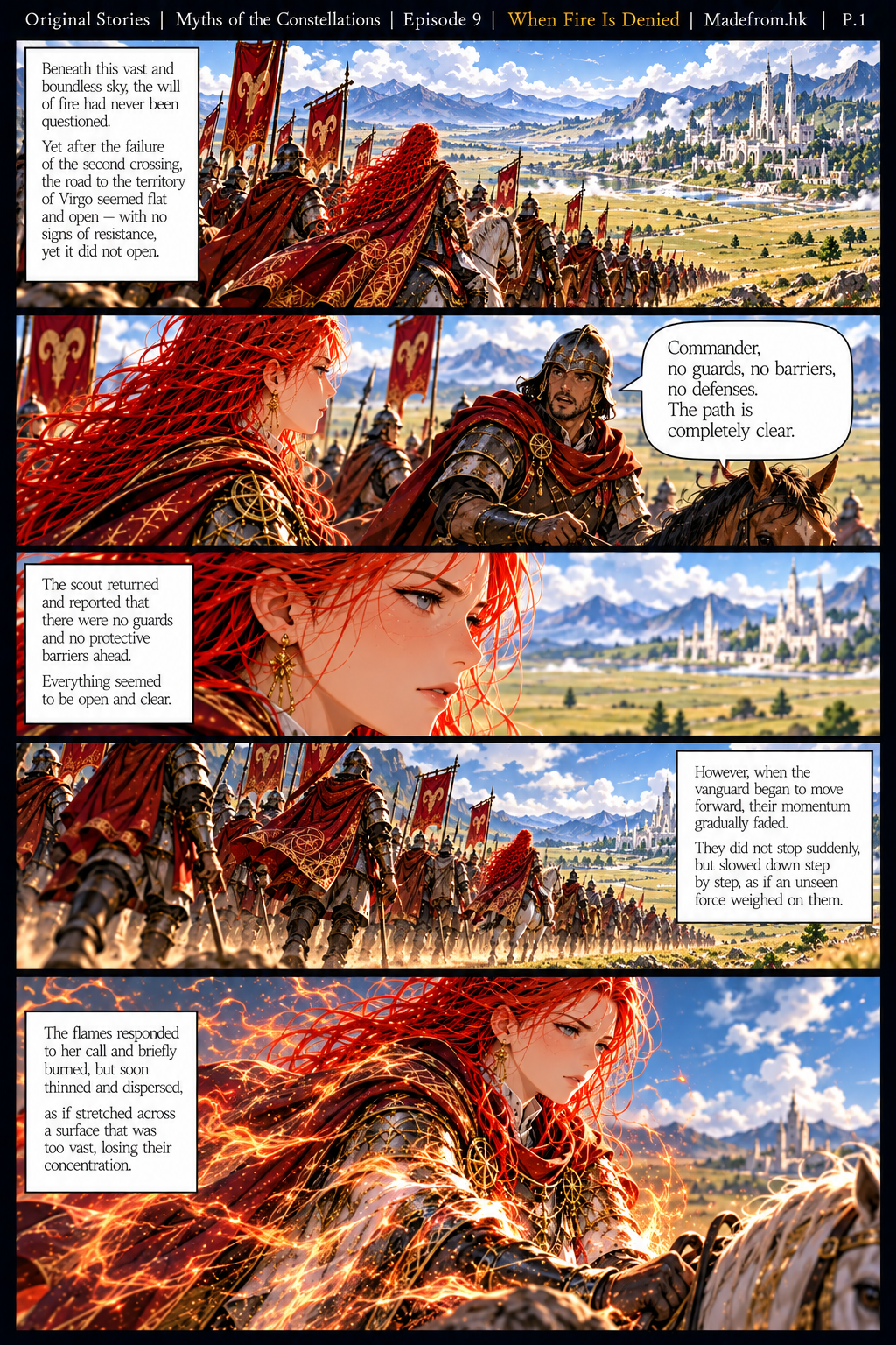 Page 1: Seraphina leads the Aries army across an apparently unobstructed plain toward the Virgo border. Scouts report no guards or defenses, but the soldiers gradually slow down as Seraphina’s flames become faint and scattered.
