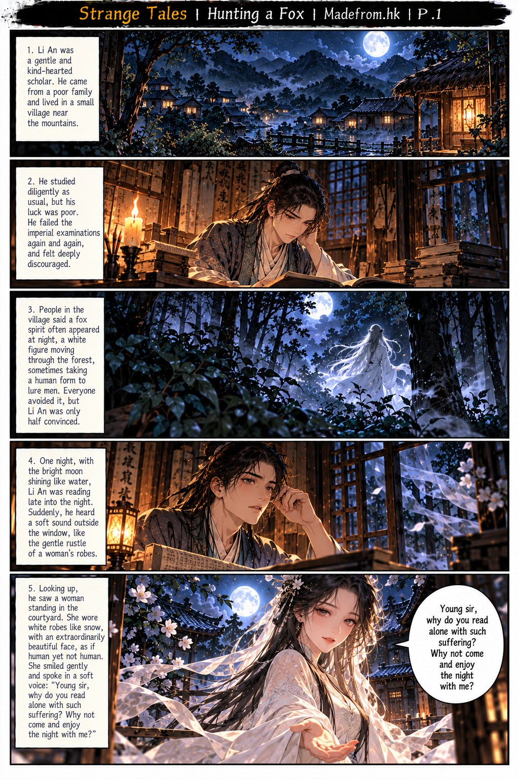 Strange Tales: Hunting a Fox — Li An, a poor scholar, encounters a beautiful white-robed fox spirit outside his study on a moonlit night | Page 1