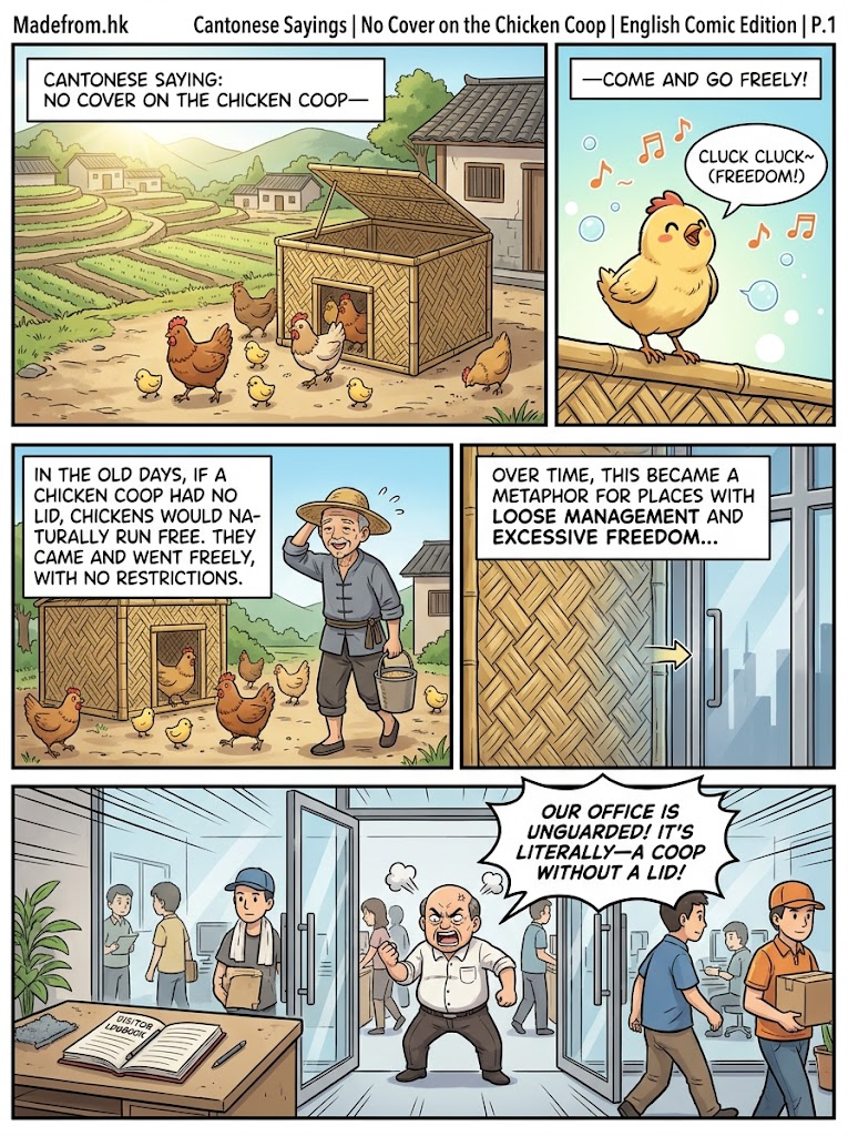 Page 1 of a vertical 5-panel comic explaining the Cantonese slang "No Cover on the Chicken Coop". Panel 1 shows an open bamboo chicken coop in a rural village with chickens walking out freely under the sun. Panel 2 zooms in on a happy chick singing music notes on the cage edge. Panel 3 shows an old farmer smiling helplessly as chickens roam everywhere. Panel 4 transitions visually from bamboo textures into a modern glass office door. Panel 5 shows a furious office manager shouting in a chaotic unguarded office while visitors and delivery workers walk in freely.