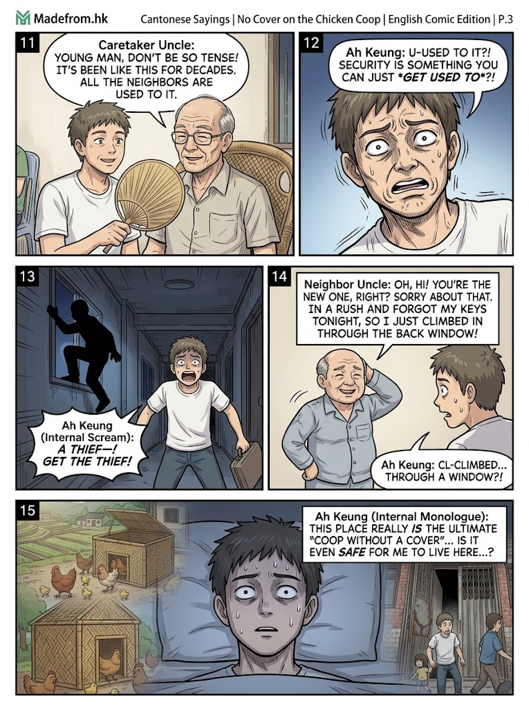 Page 3 of the comic following Ah Keung's reaction to the building's lax security. Panel 11 shows the elderly caretaker gently smiling and fanning himself, telling Ah Keung that neighbors have been used to it for decades. Panel 12 shows a close-up of Ah Keung looking completely shocked and stunned. Panel 13 depicts a dark hallway at night where Ah Keung screams, mistaking a shadowed figure climbing through a window for a thief. Panel 14 reveals the silhouette is just a male neighbor in pajamas who forgot his keys and climbed through the window. Panel 15 shows Ah Keung lying awake in bed at night, sweating nervously while imagining chicken coops and open gates, wondering if he is truly safe.