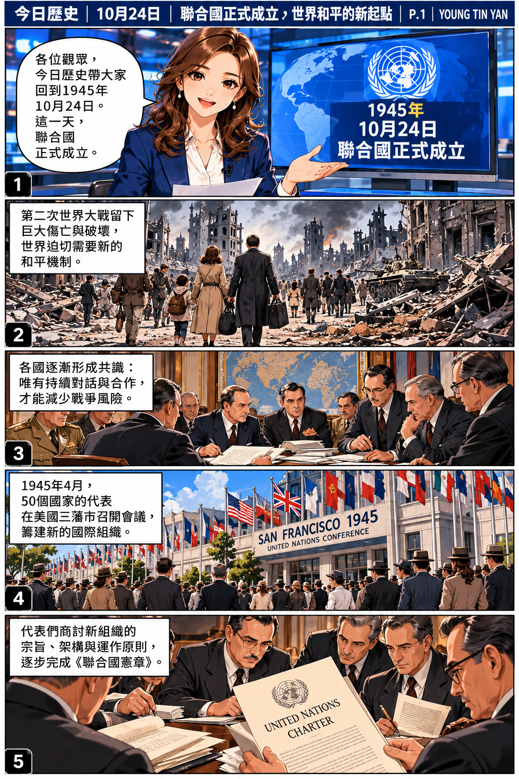 1945年10月24日聯合國正式成立。DAY 今日歷史新聞主播介紹第二次世界大戰後的世界局勢、各國尋求和平合作，以及1945年三藩市會議與《聯合國憲章》的起草過程。