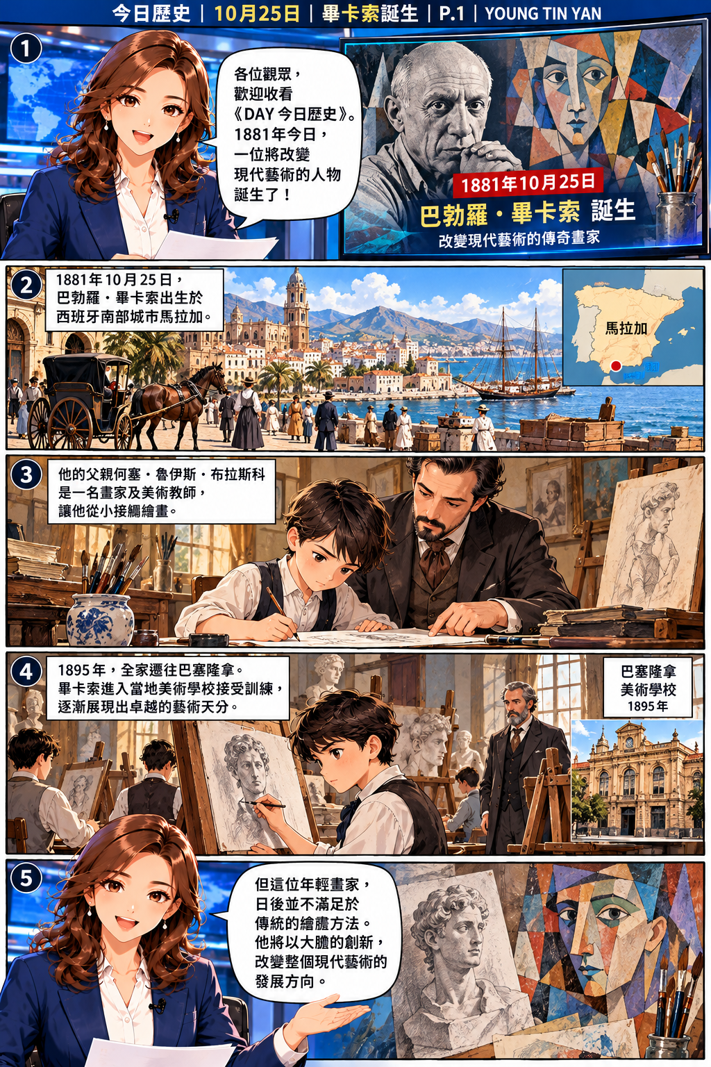 DAY 今日歷史漫畫第一頁，新聞主播介紹1881年10月25日畢卡索出生於西班牙馬拉加、父親指導繪畫，以及1895年移居巴塞隆拿接受美術訓練的經歷。
