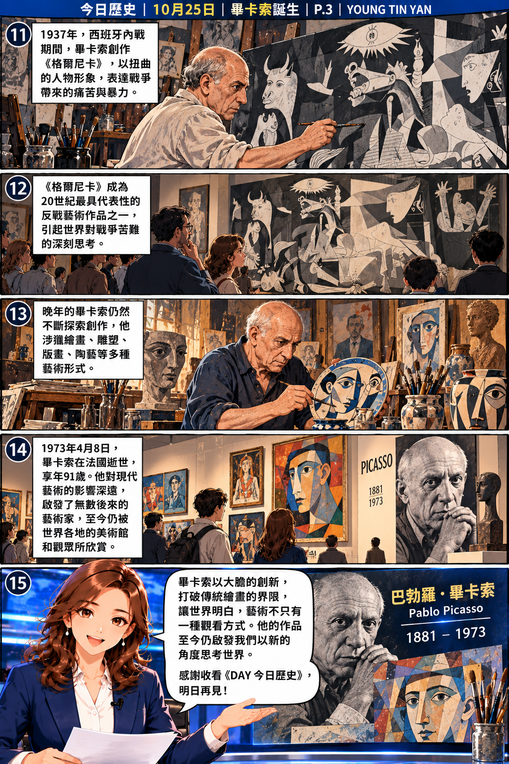 P.3｜反戰藝術與歷史影響
DAY 今日歷史漫畫第三頁，介紹畢卡索1937年創作反戰畫作《格爾尼卡》、晚年持續探索陶藝及雕塑，以及1973年逝世後對現代藝術留下的影響。