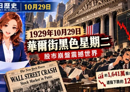 DAY 今日歷史10月29日漫畫封面，重現1929年華爾街黑色星期二股災。女新聞主播介紹紐約證券交易所外的恐慌人群、急跌的股票行情及約1,641萬股成交紀錄。