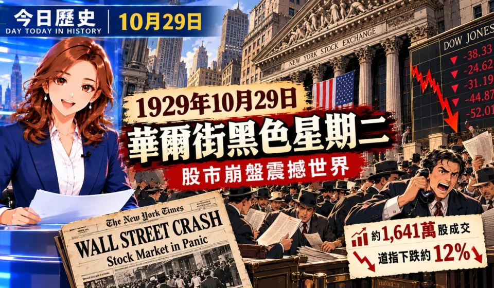 DAY 今日歷史10月29日漫畫封面，重現1929年華爾街黑色星期二股災。女新聞主播介紹紐約證券交易所外的恐慌人群、急跌的股票行情及約1,641萬股成交紀錄。