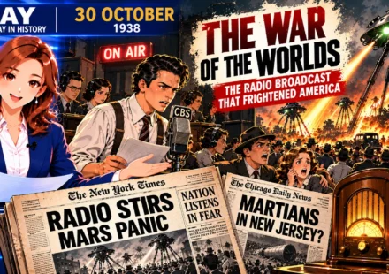 DAY Today in History cover for 30 October 1938, featuring Orson Welles at a CBS microphone, a female news presenter, a vintage radio, dramatic newspaper headlines and fictional Martian war machines from The War of the Worlds broadcast.