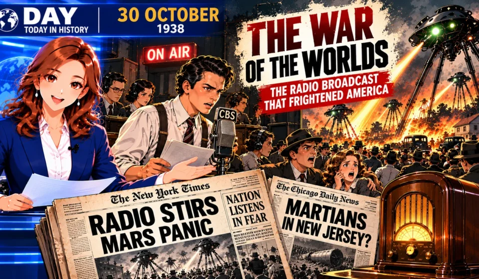 DAY Today in History cover for 30 October 1938, featuring Orson Welles at a CBS microphone, a female news presenter, a vintage radio, dramatic newspaper headlines and fictional Martian war machines from The War of the Worlds broadcast.