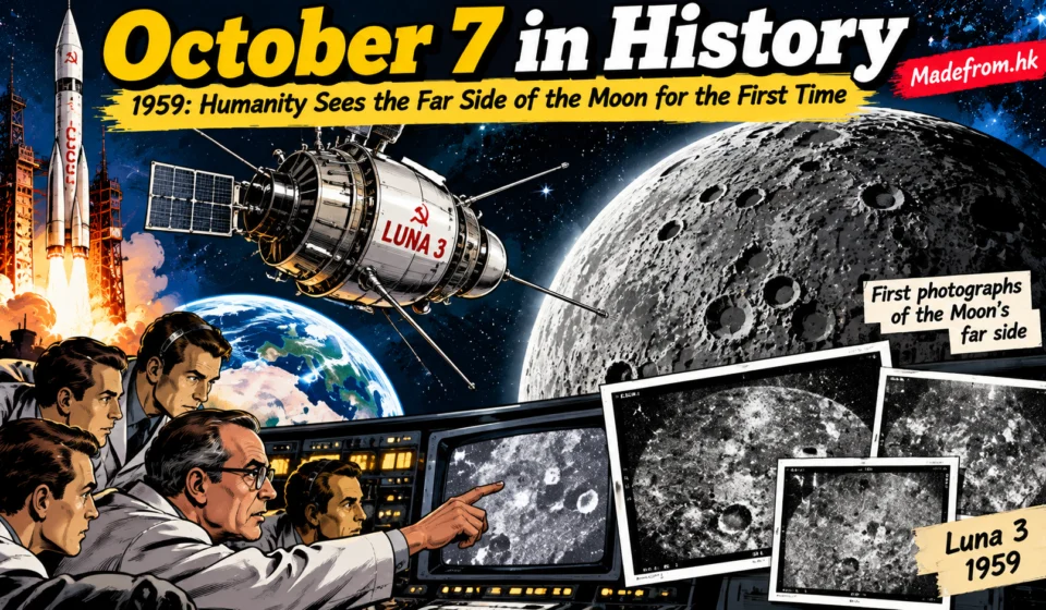 On October 7, 1959, the Soviet spacecraft Luna 3 captured the first photographs of the Moon’s far side, revealing a region that had never before been directly observed from Earth.