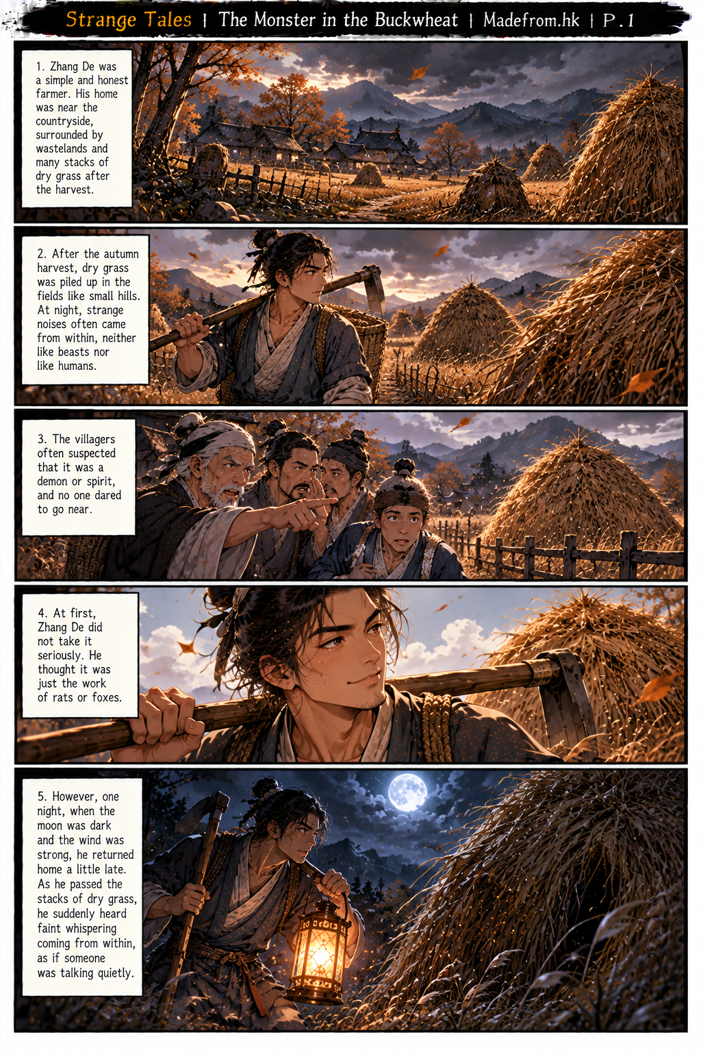 Strange Tales: The Monster in the Buckwheat — Zhang De walks home through a bleak autumn field and hears a mysterious whisper coming from a giant haystack | Page 1